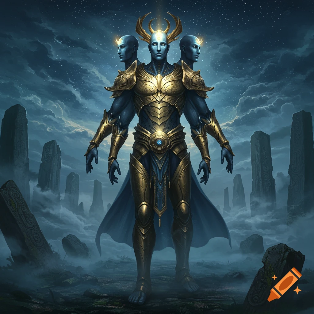 A blue-skinned, golden-armored mythical being with three heads and four arms stands in a foggy landscape with ancient monoliths under a starry night.