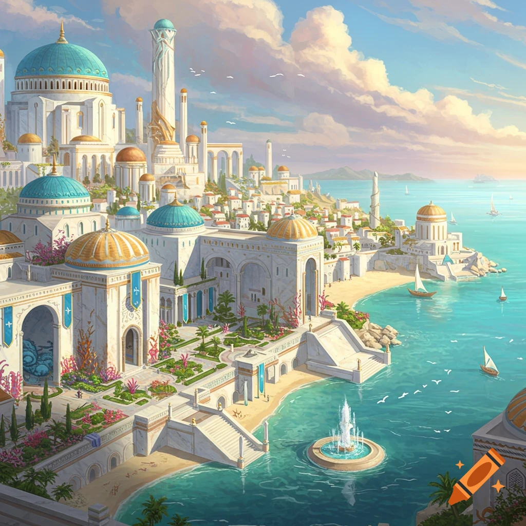 A vibrant fantasy coastal city with white and blue Atlantean architecture, lush gardens, and sailboats on turquoise water.