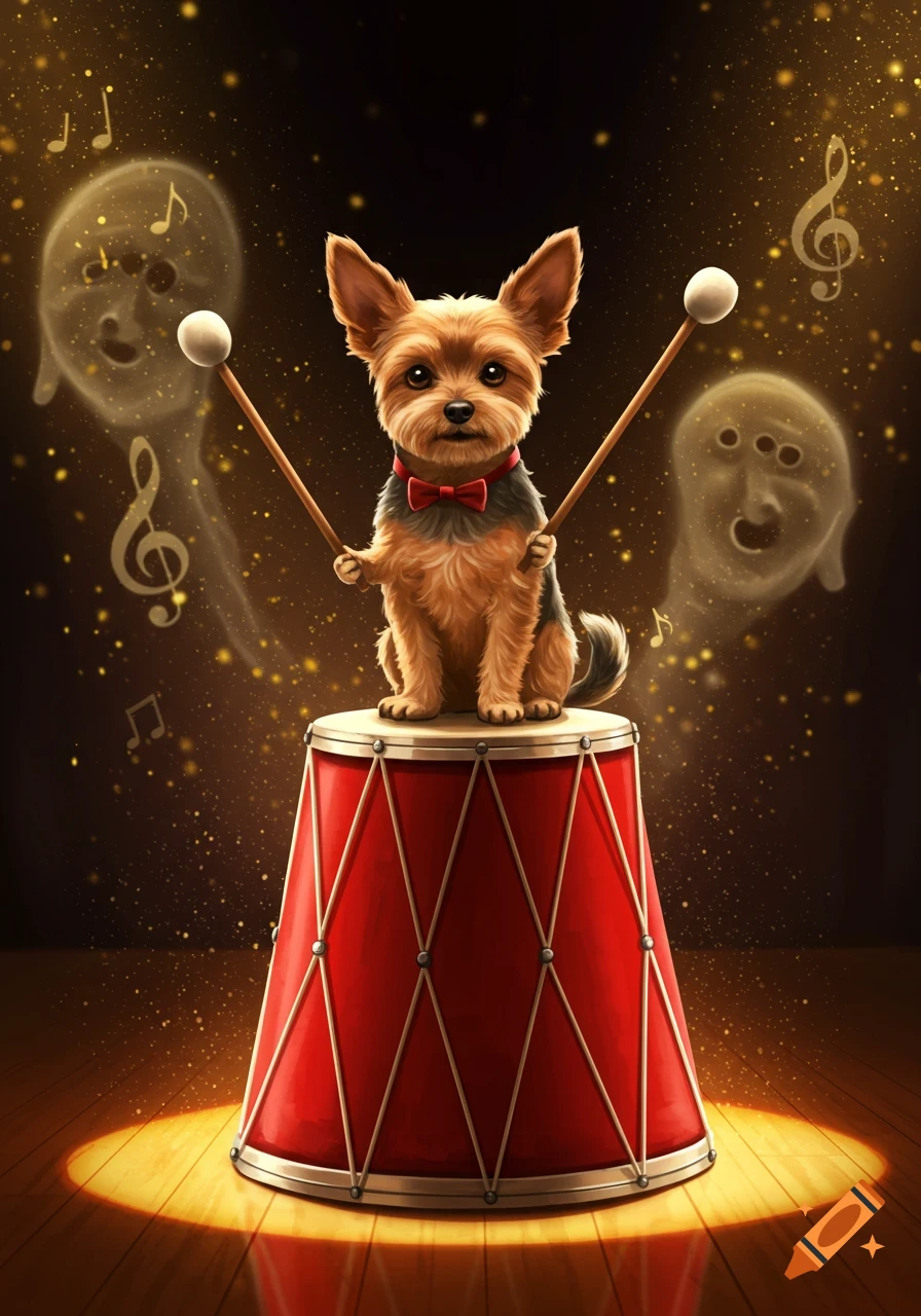 A cute Yorkshire Terrier in a bowtie sits on a red drum, holding drumsticks, with musical notes and ghostly figures surrounding it.