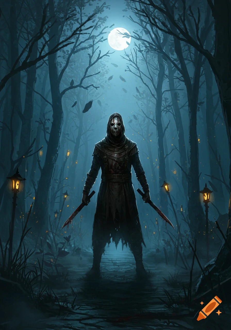 A masked, cloaked figure holding two bloody blades stands in a dark, moonlit forest with glowing lanterns. Stylized digital art.