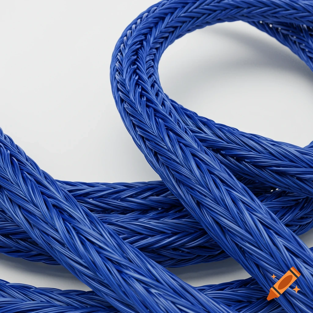 Close-up of blue braided cables with a white background, highlighting their intricate texture.