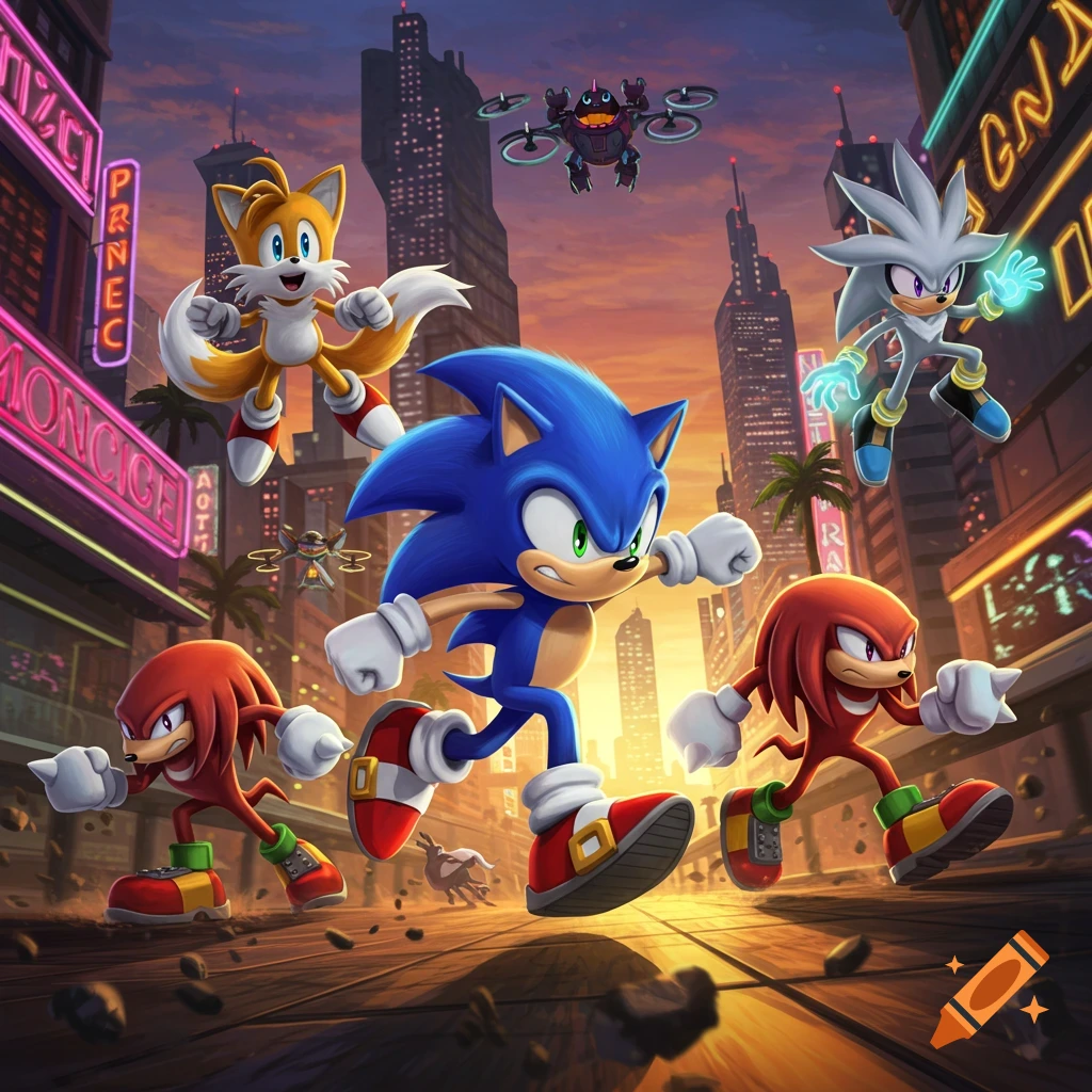 Sonic, Tails, Knuckles, and Silver run heroically through a futuristic city at sunset, with drones in the sky, in a vibrant cartoon style.