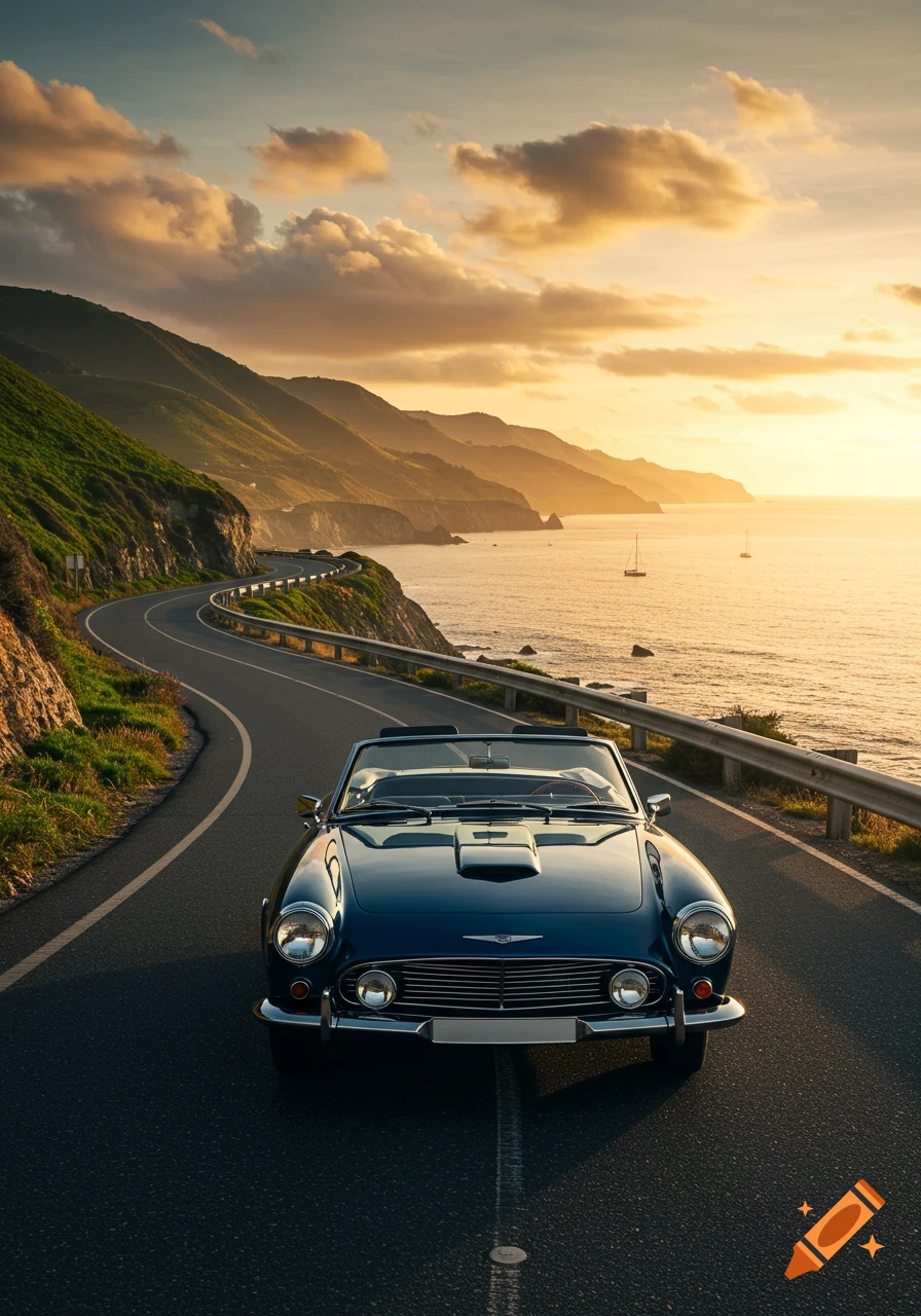 A blue classic convertible car drives on a scenic coastal highway at sunset, with mountains and the ocean in the background.