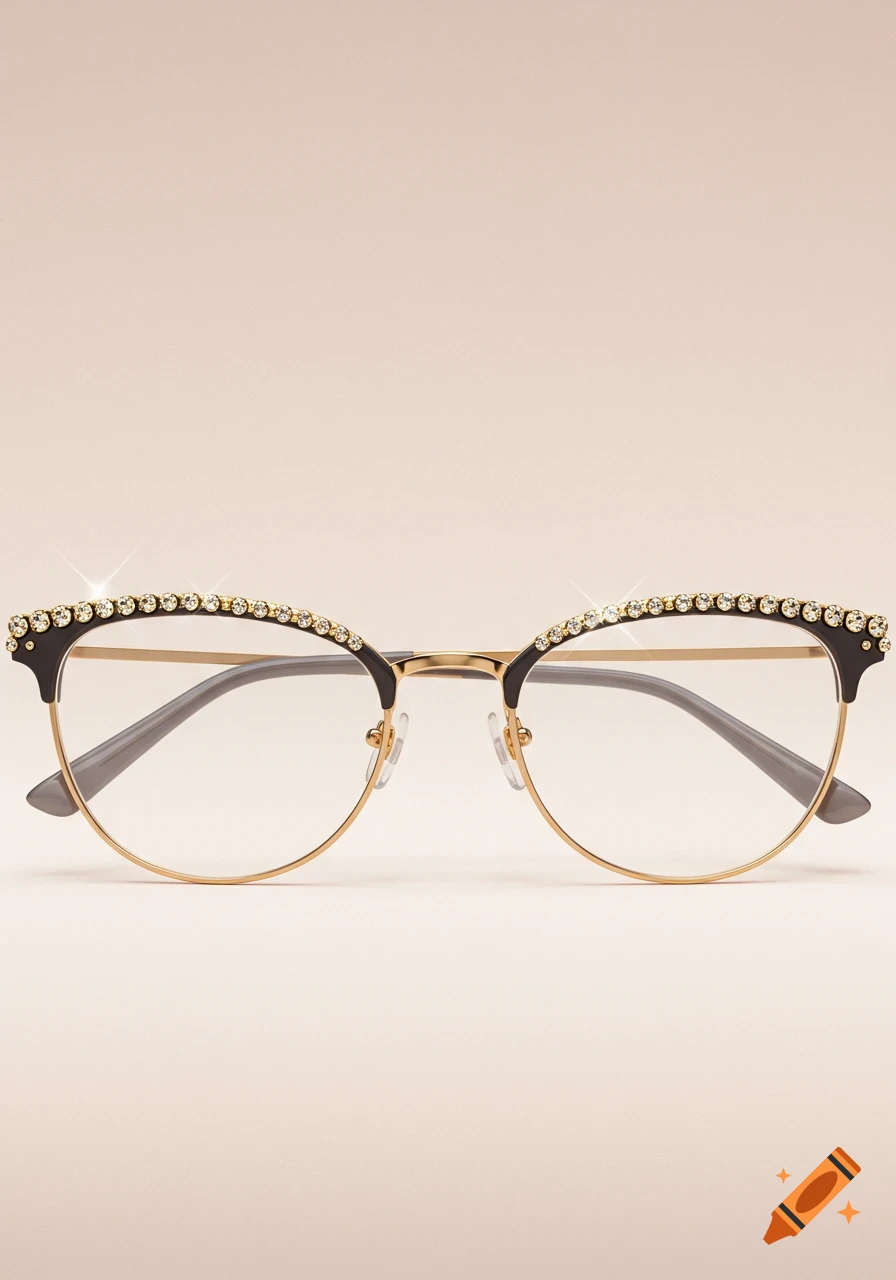 A pair of gold and black cat-eye half-rim eyeglasses adorned with sparkling rhinestones, on a light background.