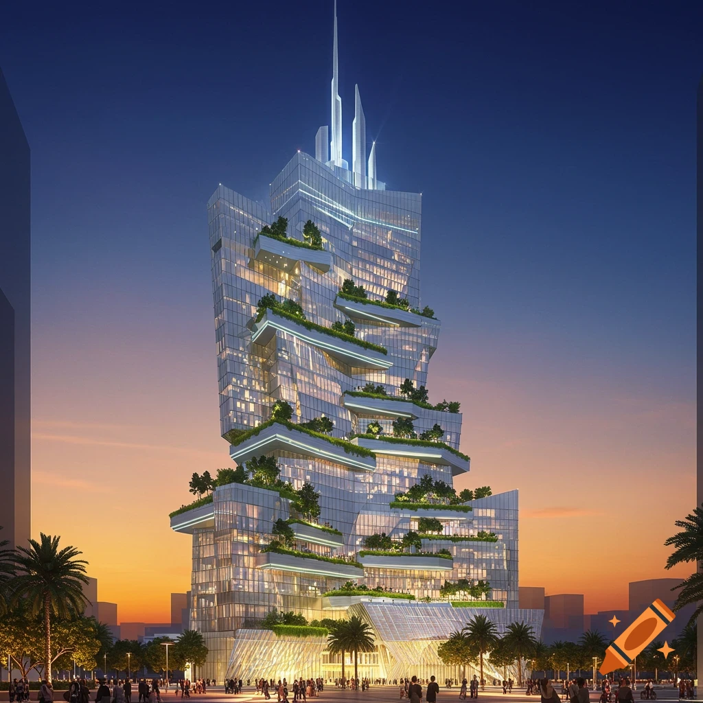 A towering, modern glass skyscraper with multiple green terraces and vertical gardens at dusk, with people strolling on the plaza below.