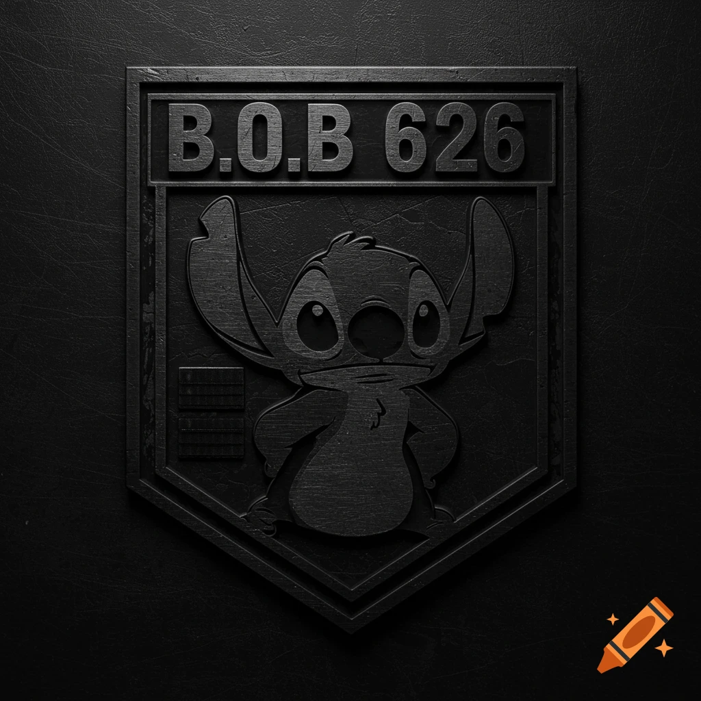 A black metal military-style patch featuring a silhouette of Stitch and the text B.O.B 626, on a dark textured background.