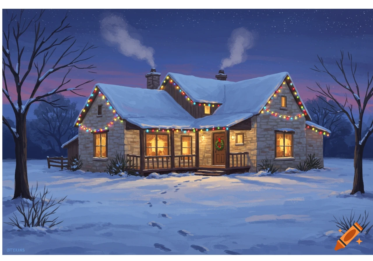 An illustrated stone house covered in snow and glowing Christmas lights at night, with footprints in the snow and bare trees.