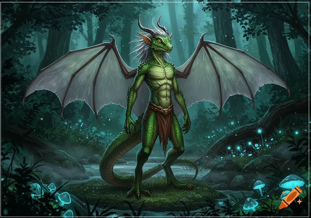 A green anthropomorphic lizard creature with large wings and white hair stands in a dark, bioluminescent forest.