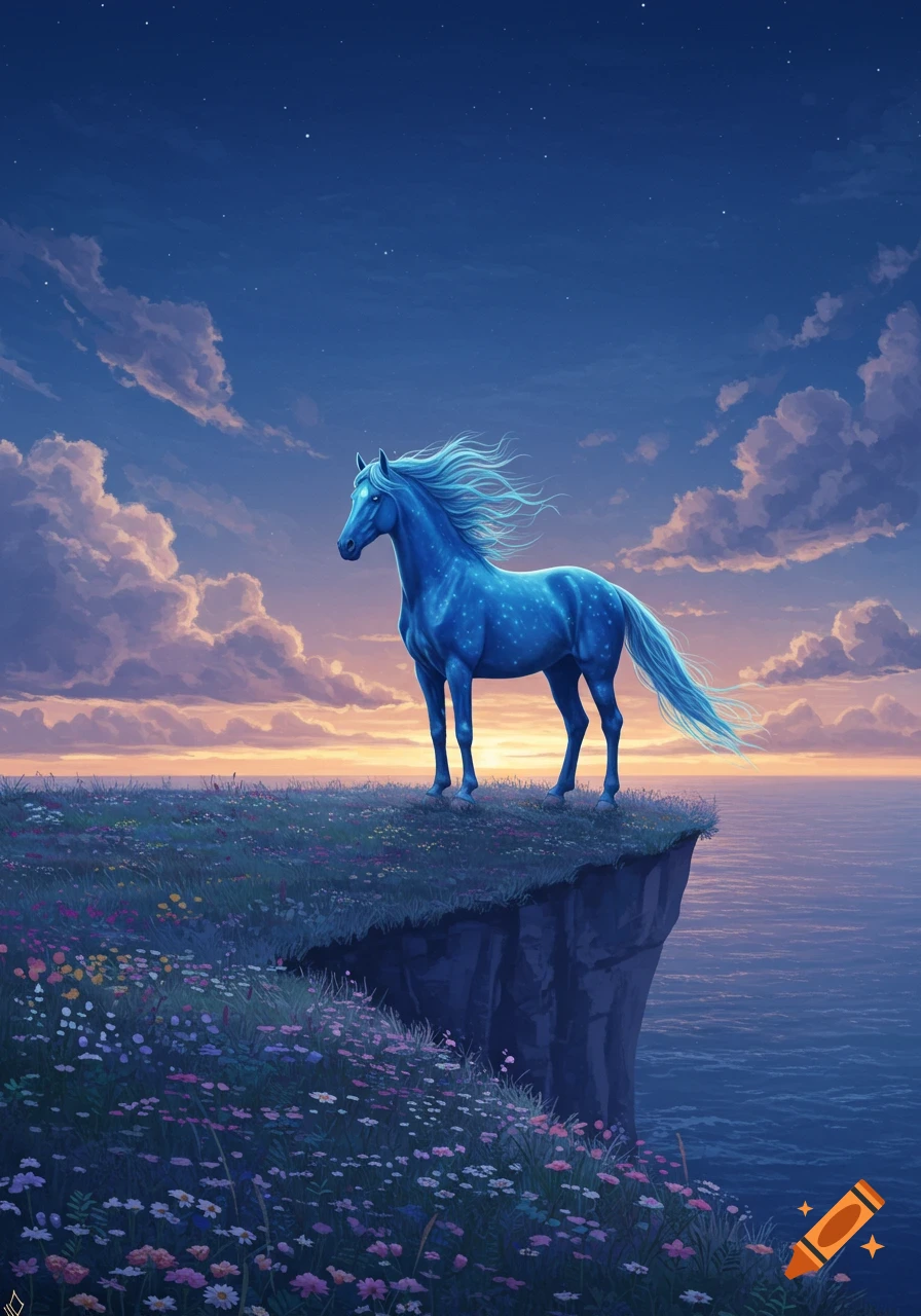 A luminous blue horse with a flowing mane and glowing spots stands on a flower-covered cliff overlooking a calm ocean at twilight.