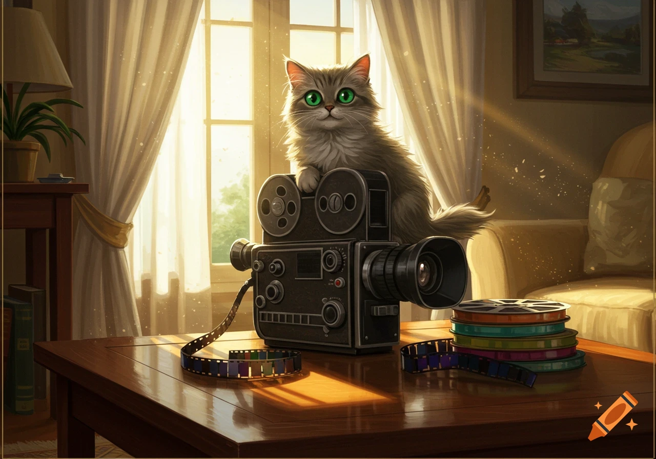 A fluffy gray cat with large green eyes sits on a vintage film camera on a wooden table, next to film reels, bathed in golden sunlight.