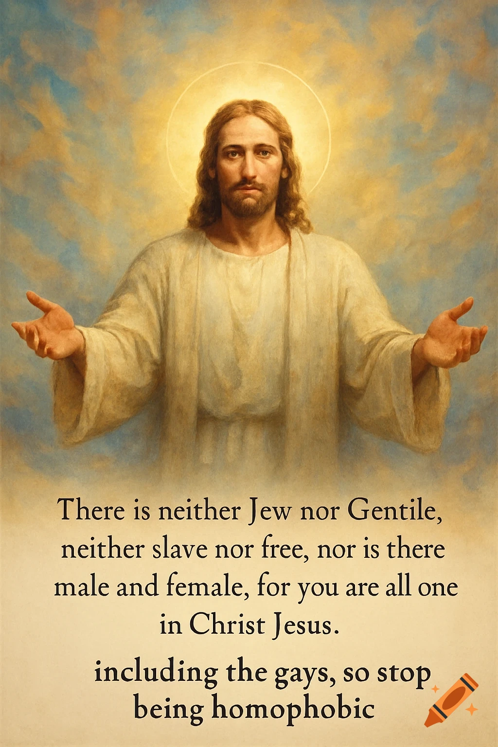 A painting of Jesus with long brown hair and a beard, in a white robe, arms outstretched, against a cloudy sky with a halo, with text below.