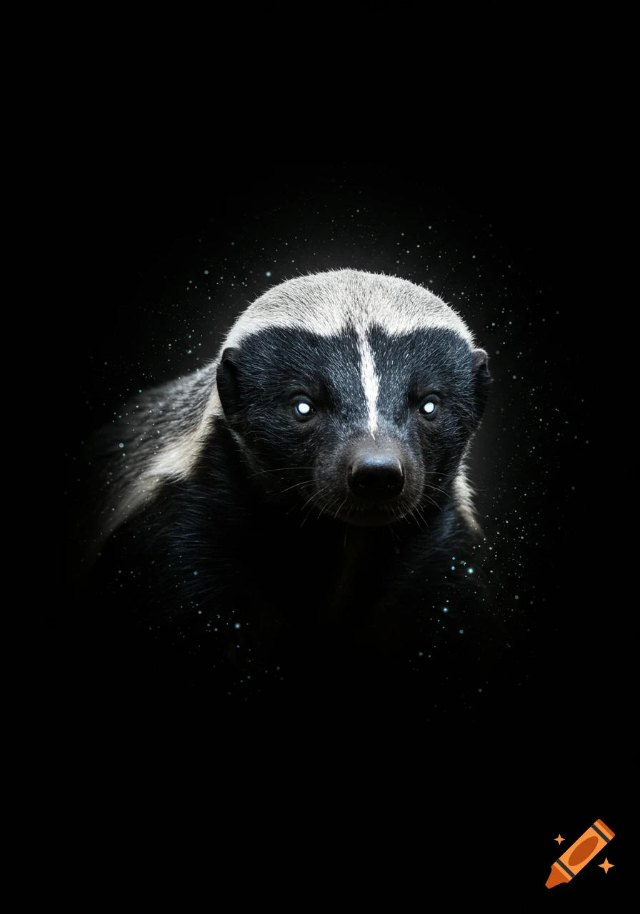 A honey badger with piercing white eyes stares forward from a dark background with subtle glowing particles.