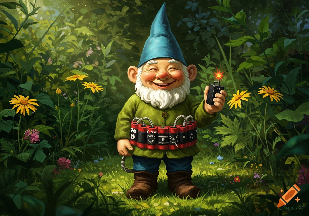 A smiling garden gnome with a blue hat and dynamite belt holds a sparking detonator in a green forest.