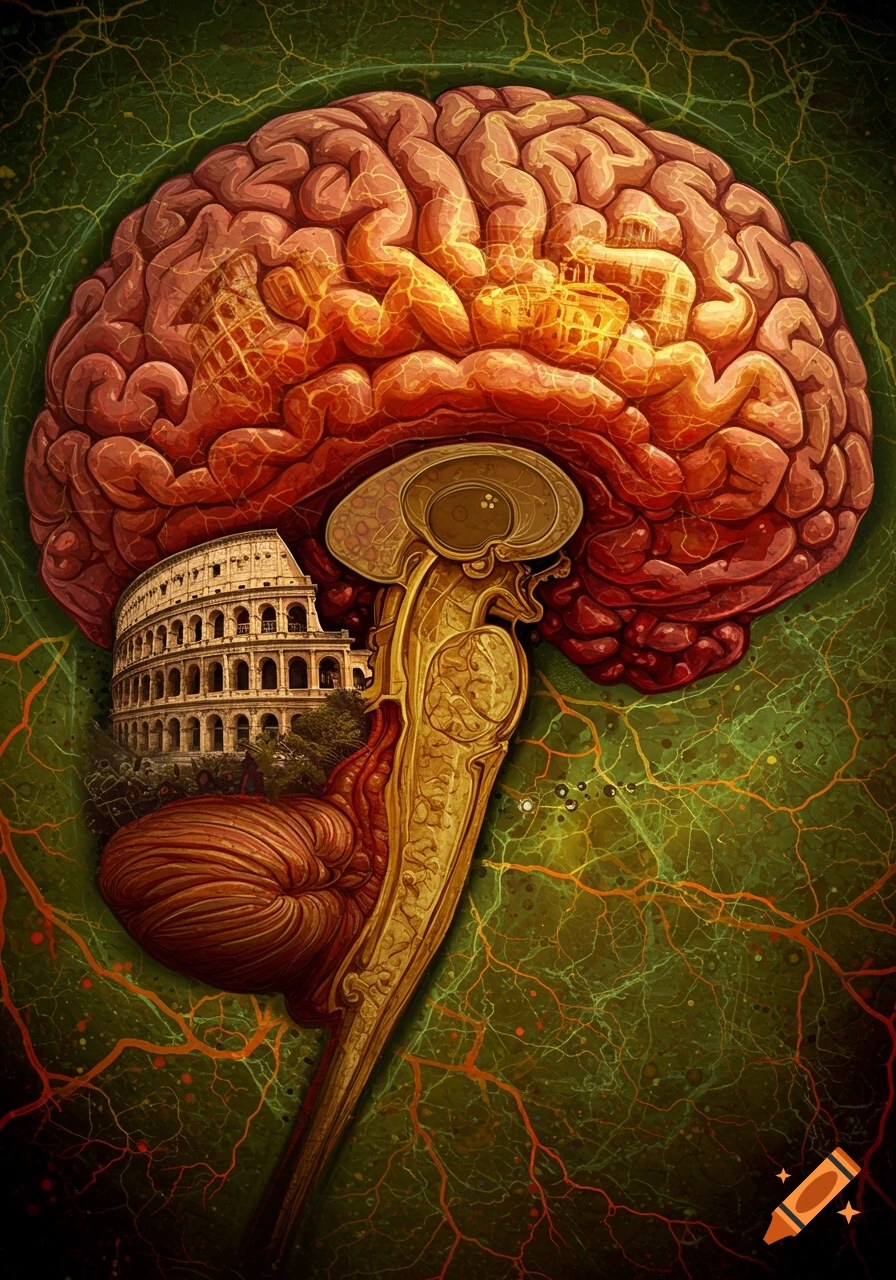 A stylized cross-section of a human brain featuring the Colosseum and other architectural elements within, against a green neural background.