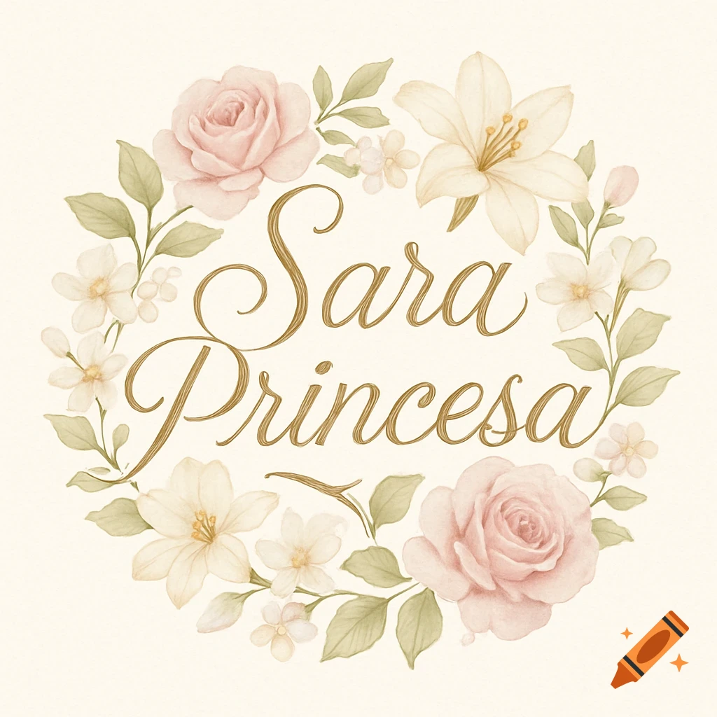 A watercolor floral wreath with pink roses, cream lilies, and green leaves encircling the golden script text "Sara Princesa".
