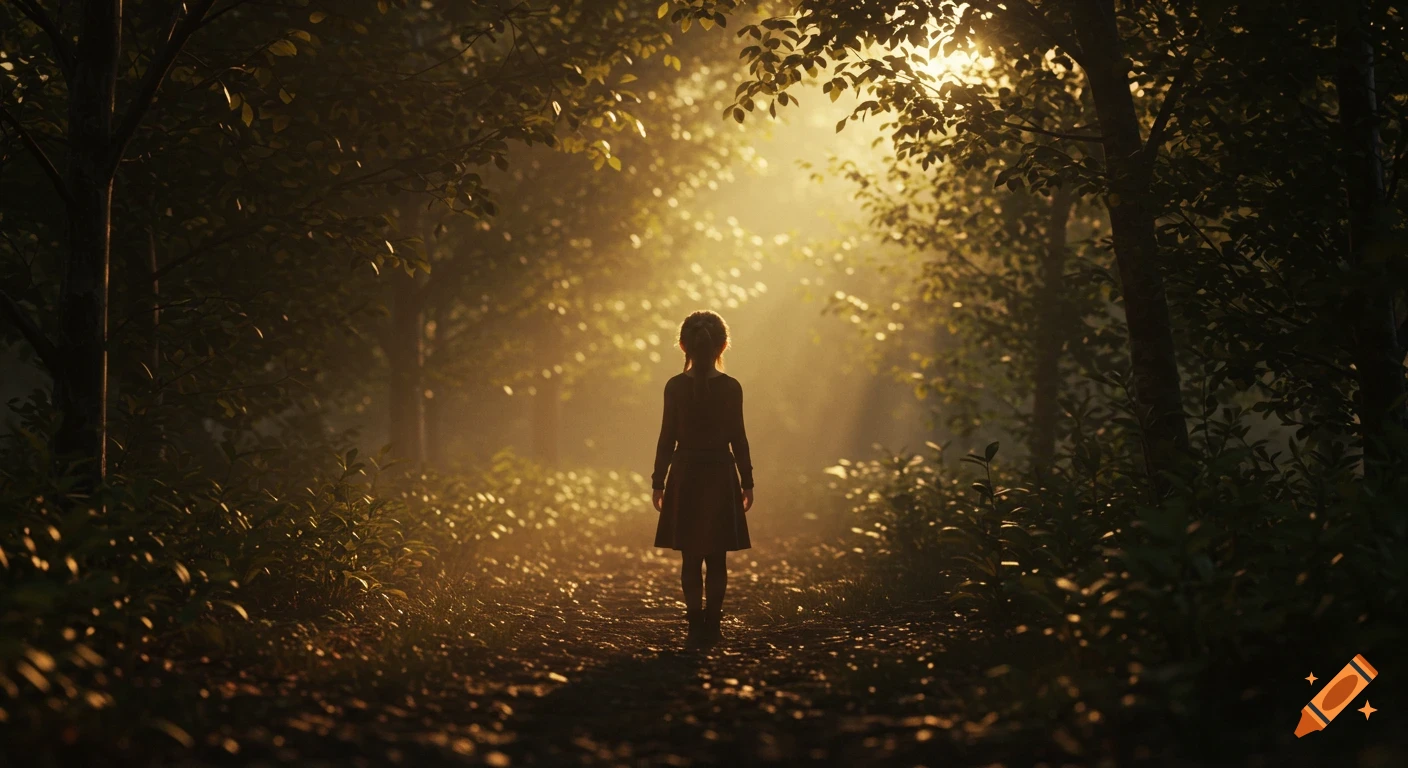 A girl walks through a sun-dappled forest path, seen from behind, in a serene and cinematic style.