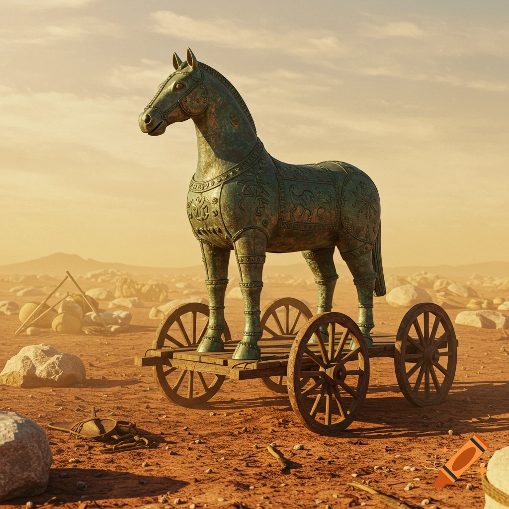 A large bronze horse sculpture on a wooden cart in a sunlit, rocky desert.