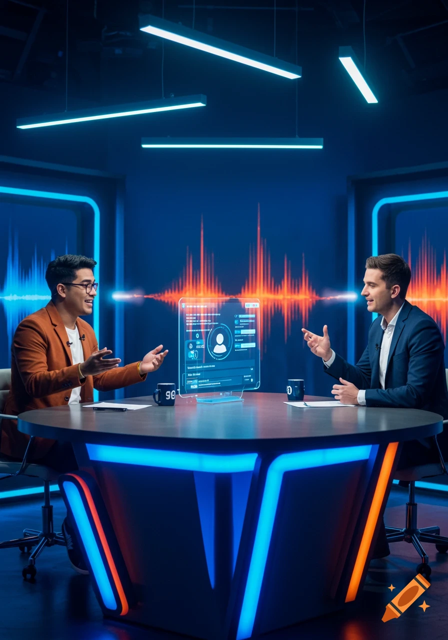 Two men discussing in a futuristic TV studio with a holographic screen and dynamic sound waves in the background.