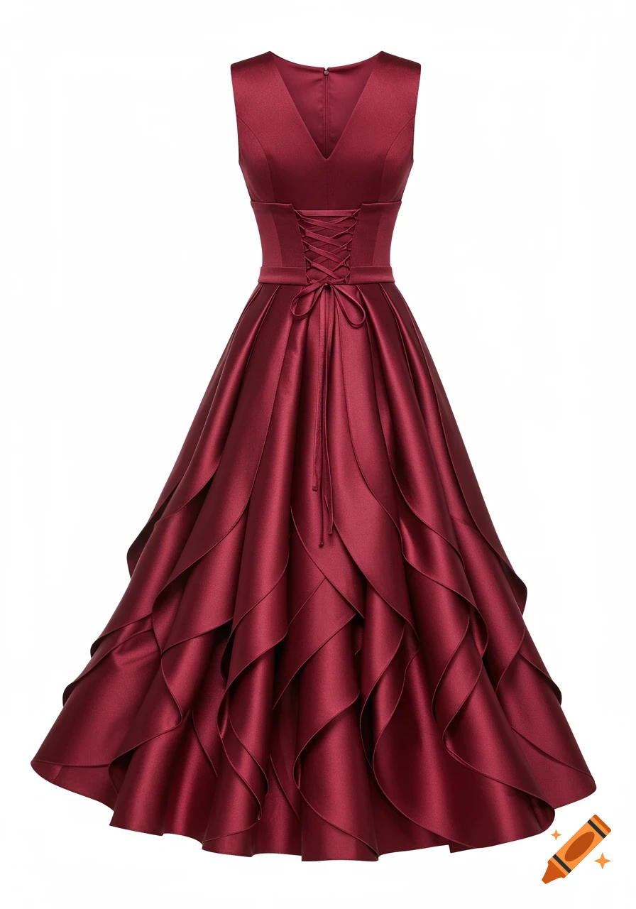 A deep red sleeveless formal dress with a fitted V-neck bodice, corset-style lacing, and a layered, wavy, flowing skirt.