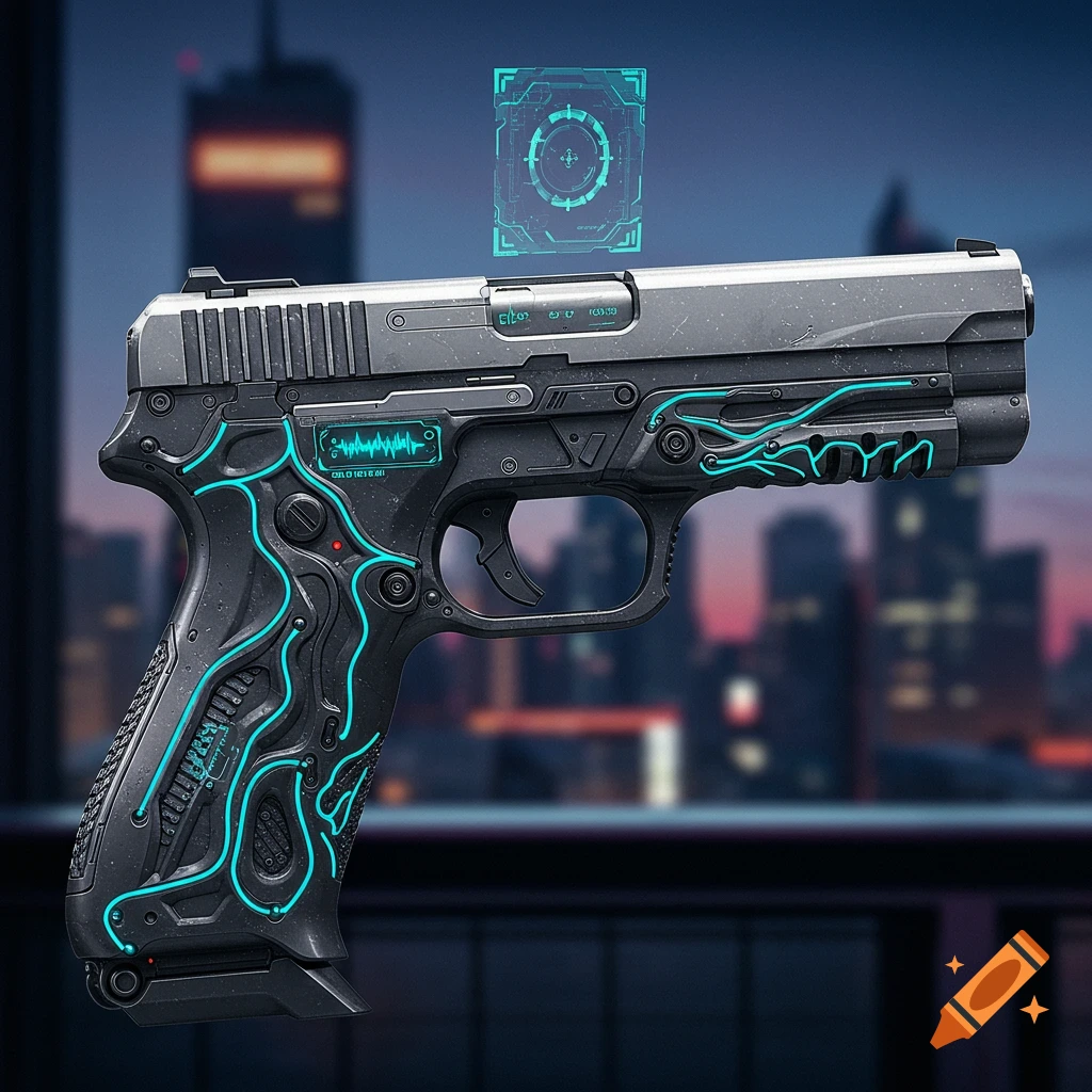A sleek, black and silver futuristic handgun with neon blue glowing accents and a holographic display, set against a blurred city skyline.