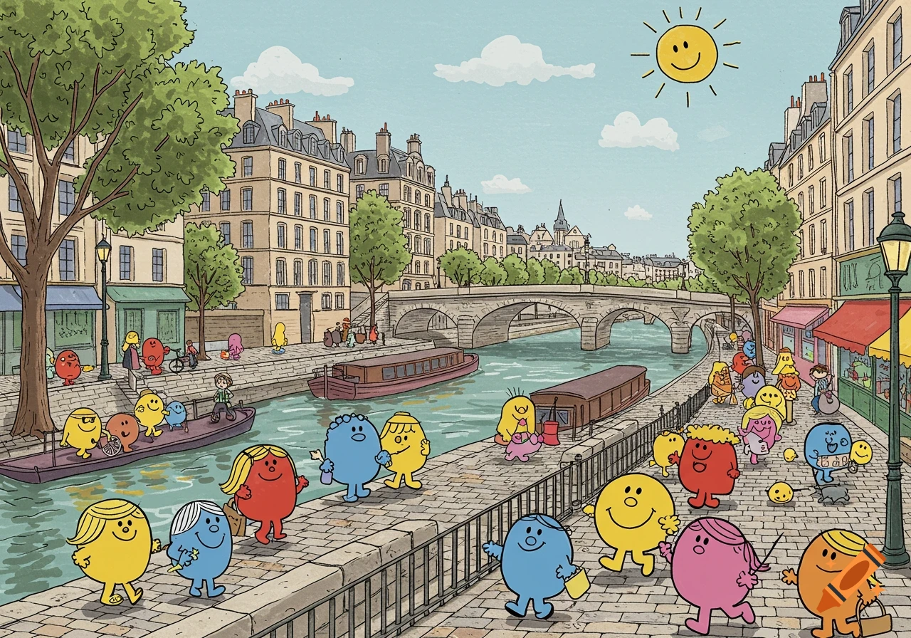 Vibrant cartoon in Mr. Men Little Miss style. Colorful characters walk along Paris's Seine riverbanks, with historic buildings and bridges.