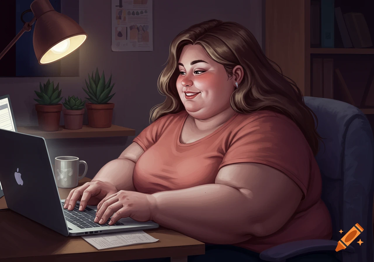 An obese woman with long brown hair smiling while typing on a laptop at a desk under a lamp, in a digital art style.