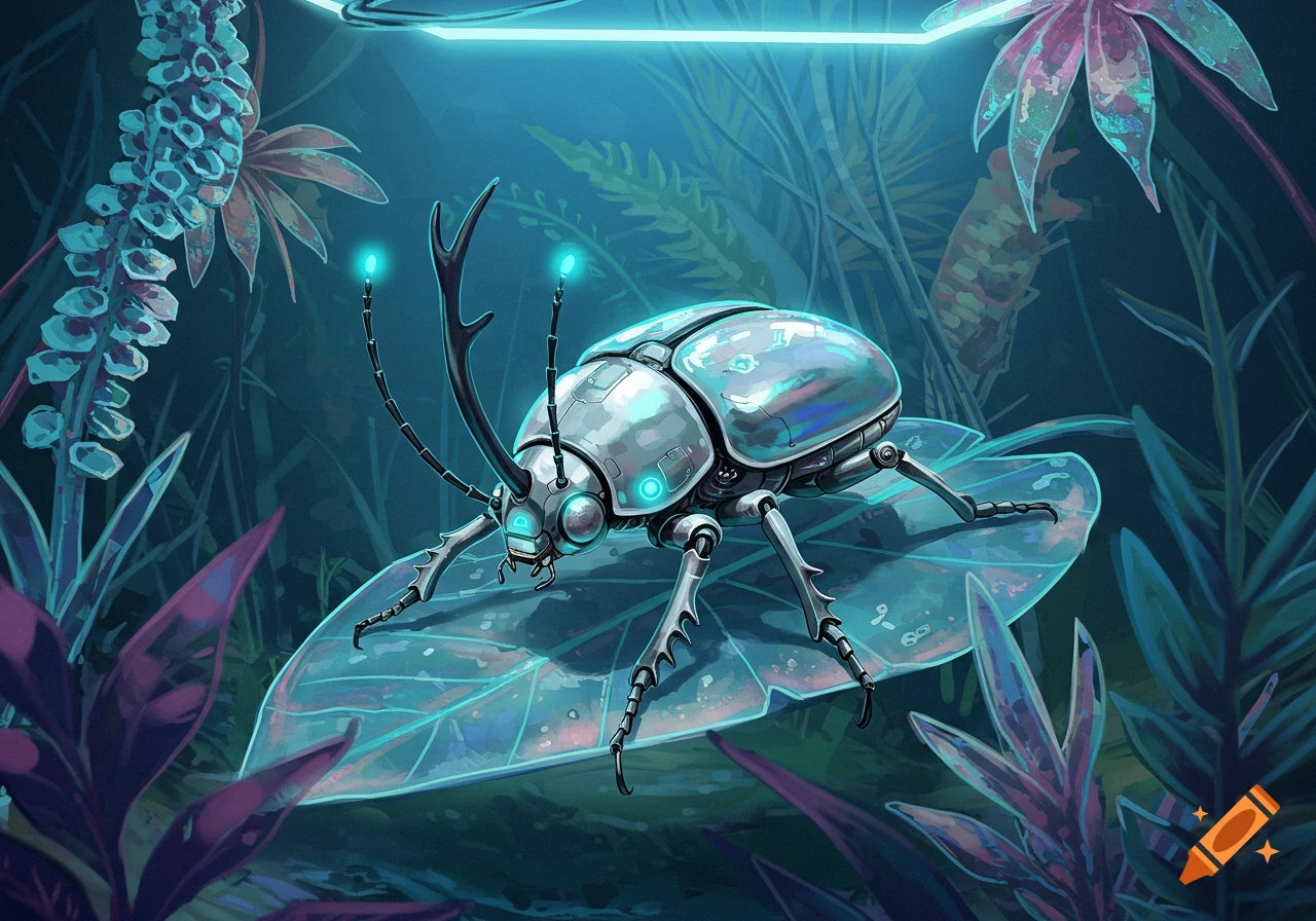 A metallic, futuristic beetle with glowing blue antennae rests on a translucent leaf in a vibrant, bioluminescent jungle.