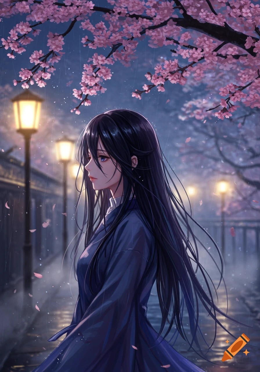 Anime girl with long black hair walks in the rain under pink cherry blossoms and glowing lanterns at night.