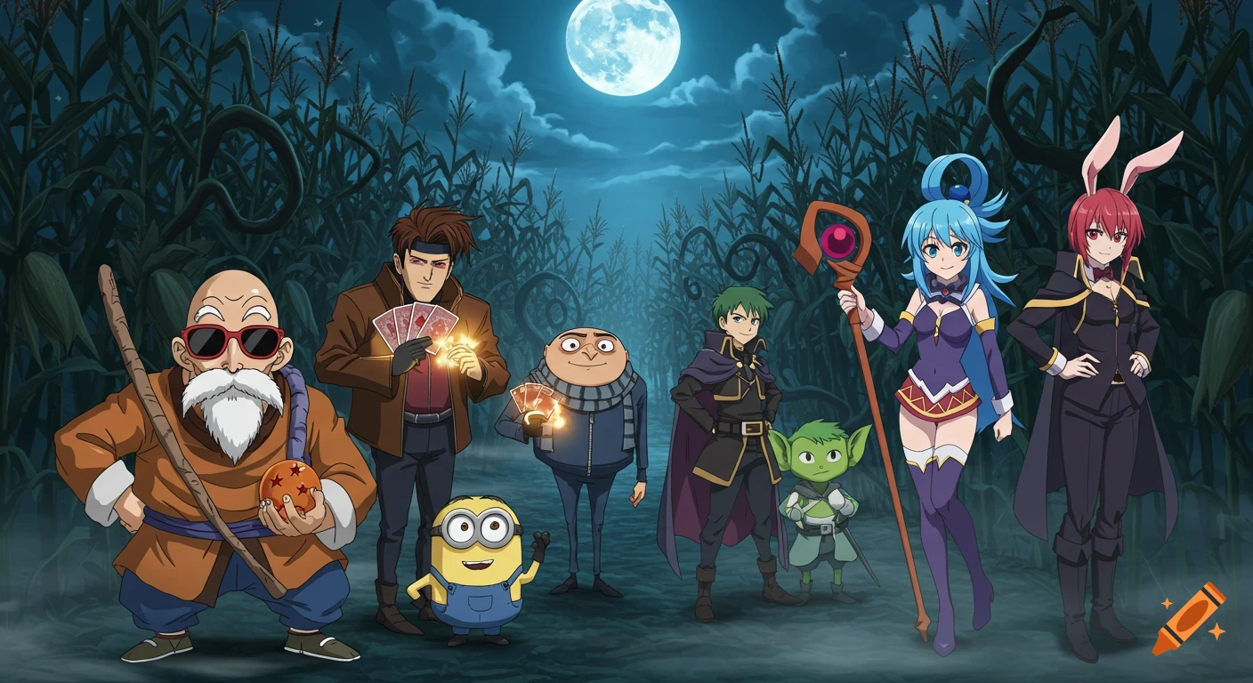 Eight iconic anime and cartoon characters stand in a dark, spooky corn maze under a full moon, depicted in a crossover style.