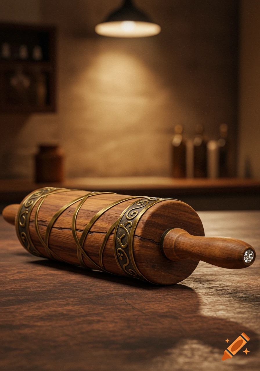 Worn wooden rolling pin with intricate bronze inlays and a diamond on one handle, resting on a rustic wooden table.