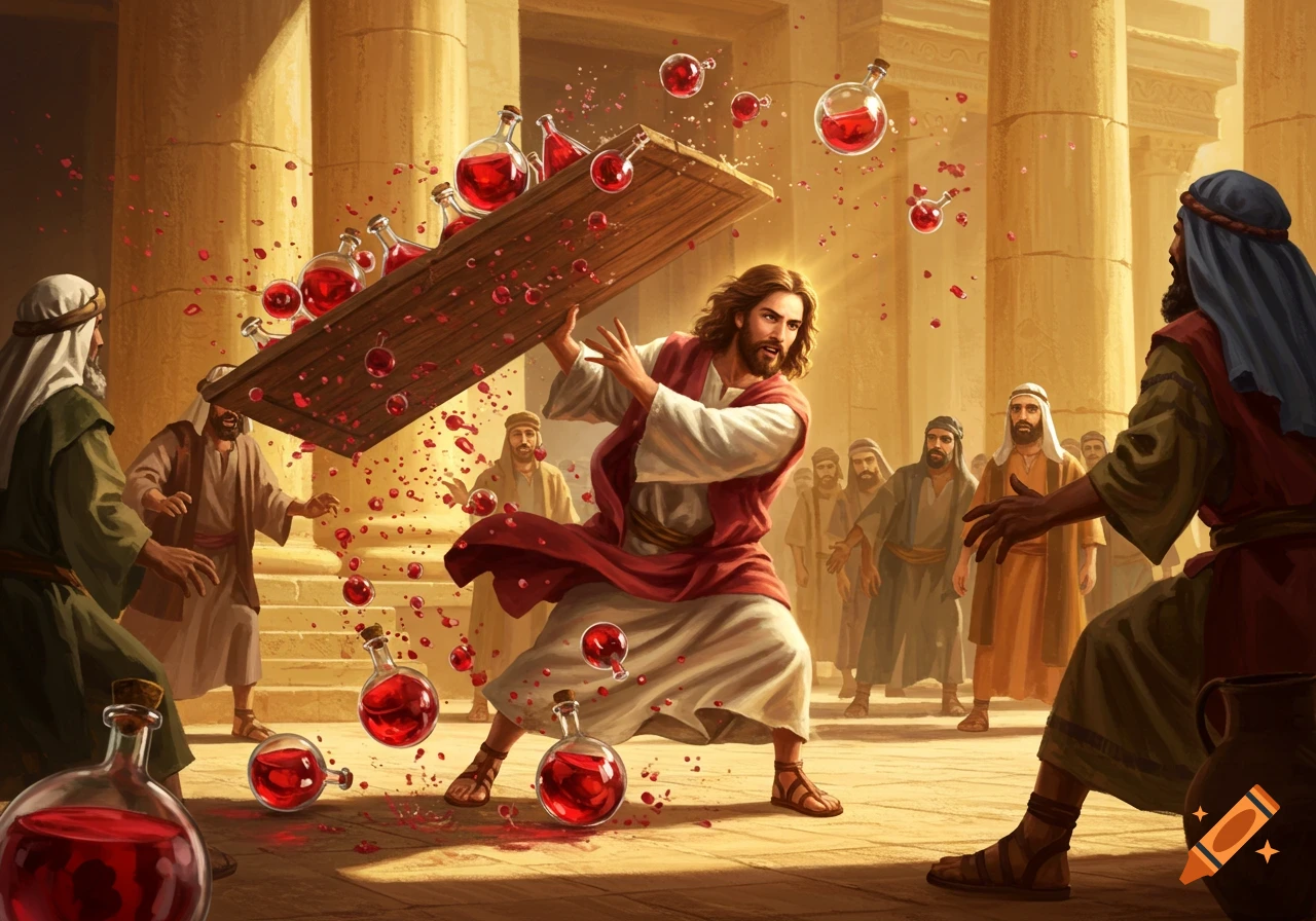Jesus in robes dramatically overturns a table, sending vials of red liquid splashing in an ancient temple with startled men.