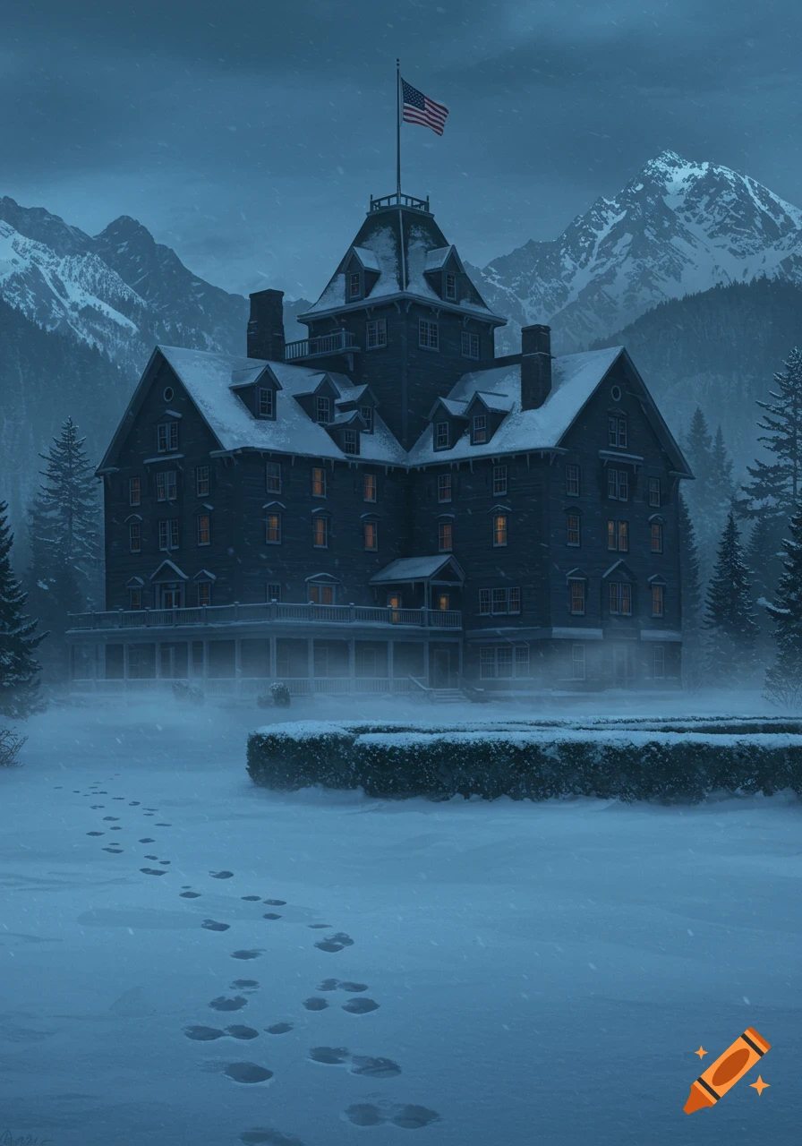 A large, eerie, dark hotel covered in snow sits among mountains during a winter storm, with footprints leading through the snow in the foreground.