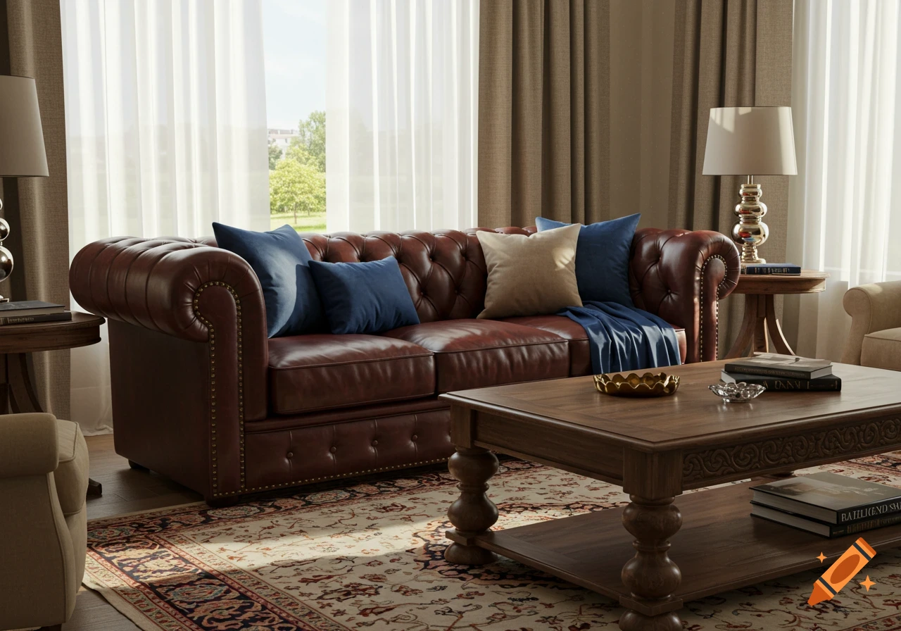 Photorealistic image of a traditional living room featuring a brown leather tufted chesterfield sofa with blue and beige pillows, a wooden coffee table, a patterned rug, and sheer curtains.