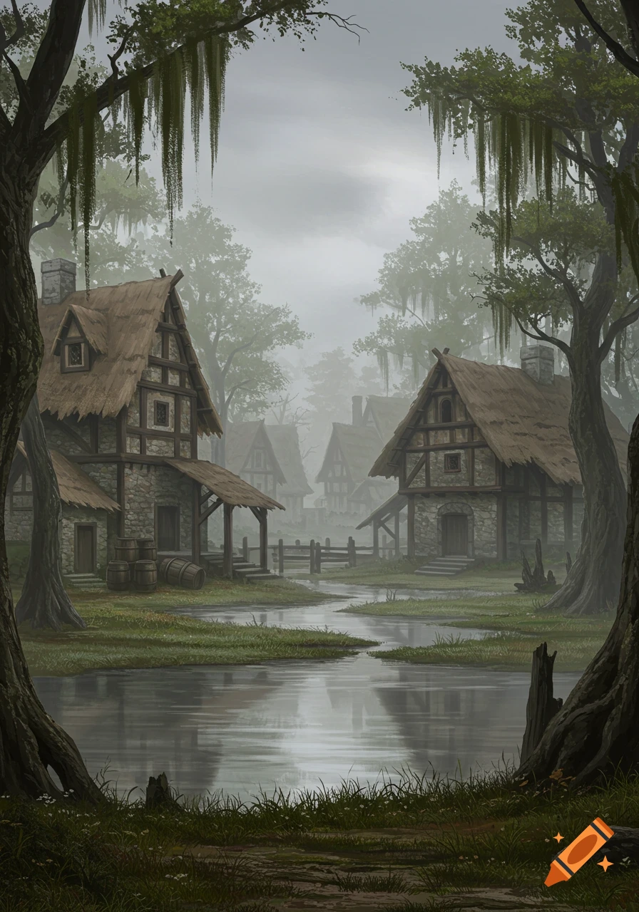 A detailed fantasy illustration of a medieval village with thatched-roof houses nestled by a misty swampy lake.