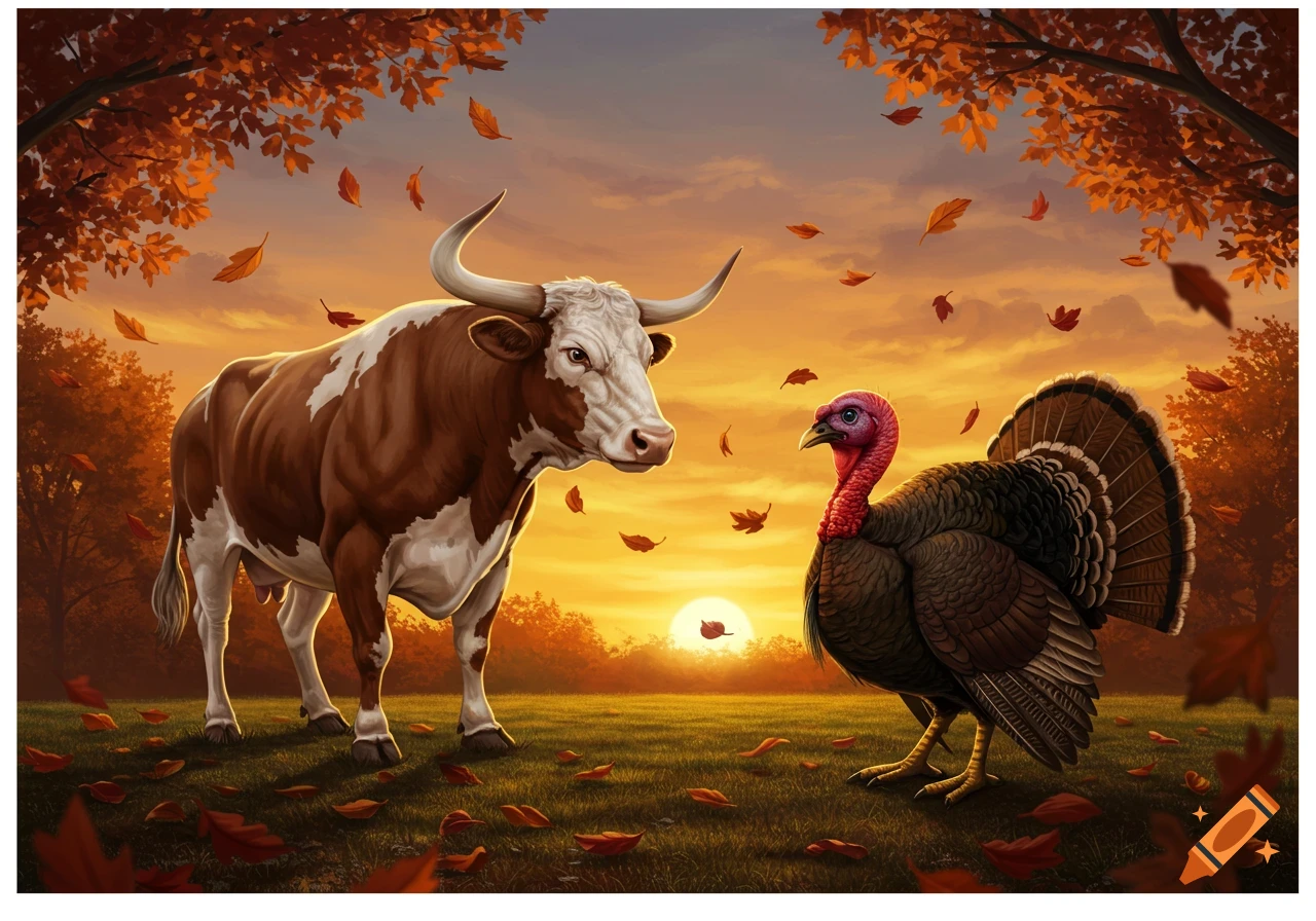 A longhorn bull and a turkey face each other in an autumn field with falling leaves and a sunset.
