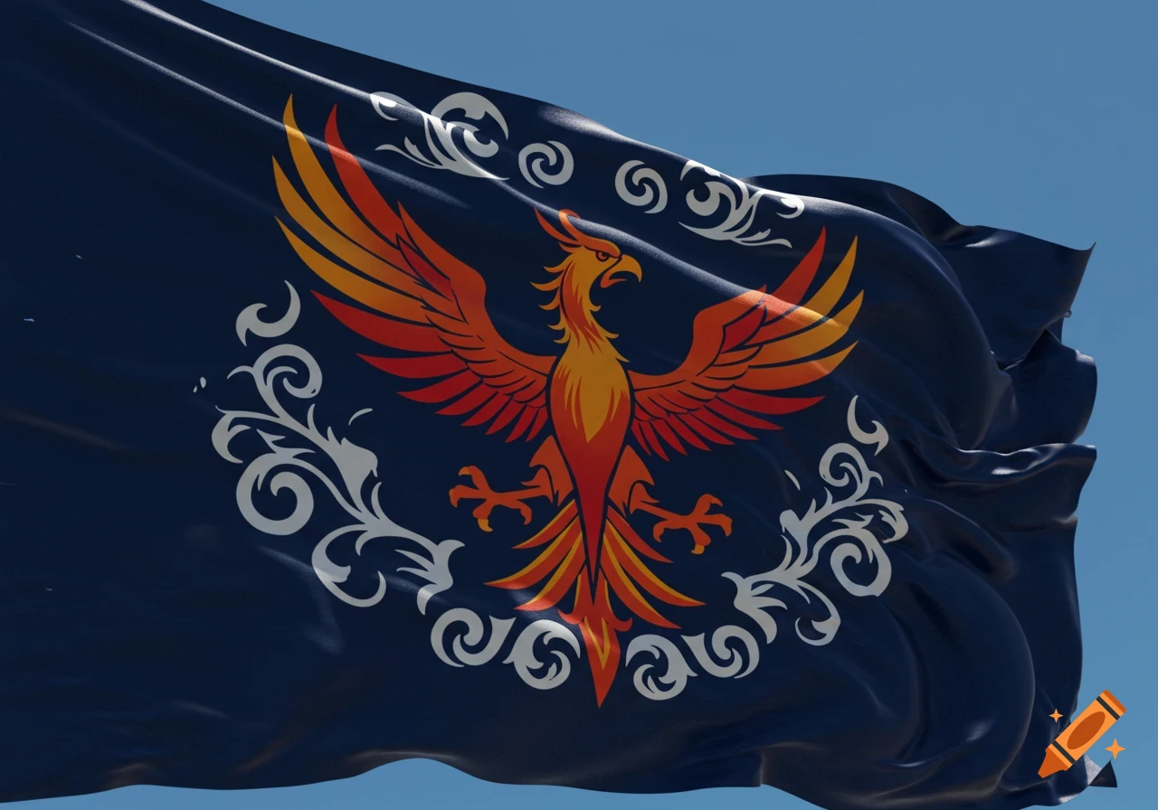 A dark blue flag featuring a large orange and red phoenix emblem surrounded by white decorative swirls, waving against a clear blue sky.