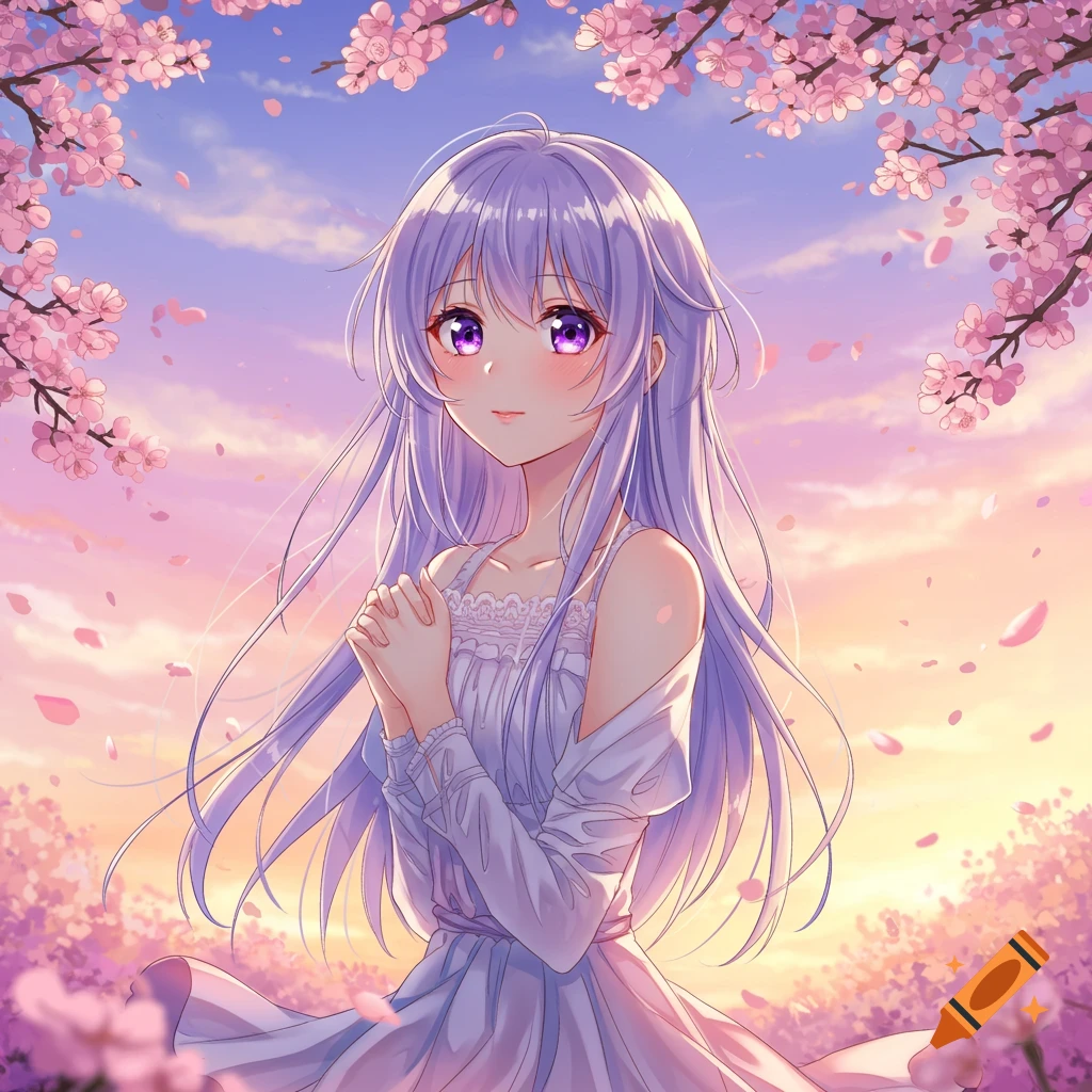 An anime girl with long purple hair and a white dress clasps her hands among pink cherry blossoms under a soft sunset sky.