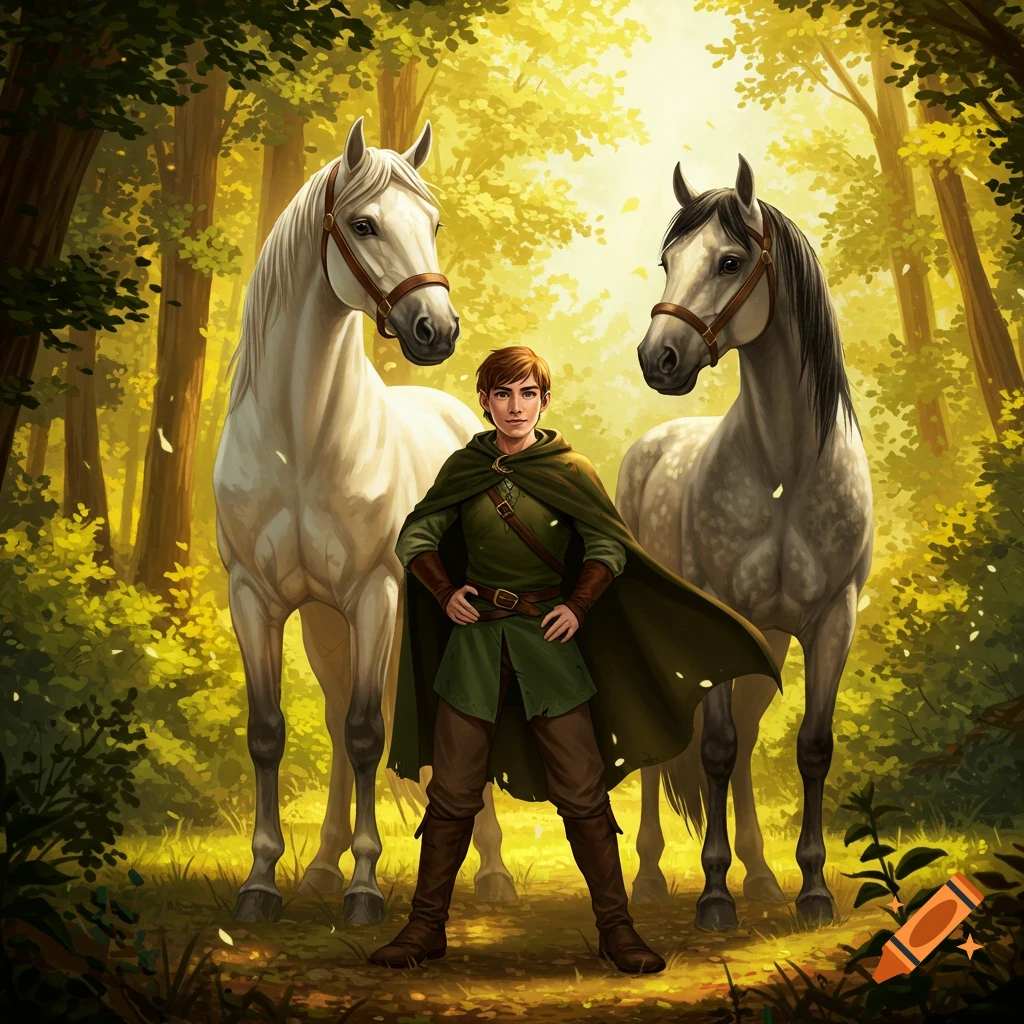 A confident young person in green fantasy attire stands with hands on hips, flanked by a white and a gray horse in a sunlit forest.