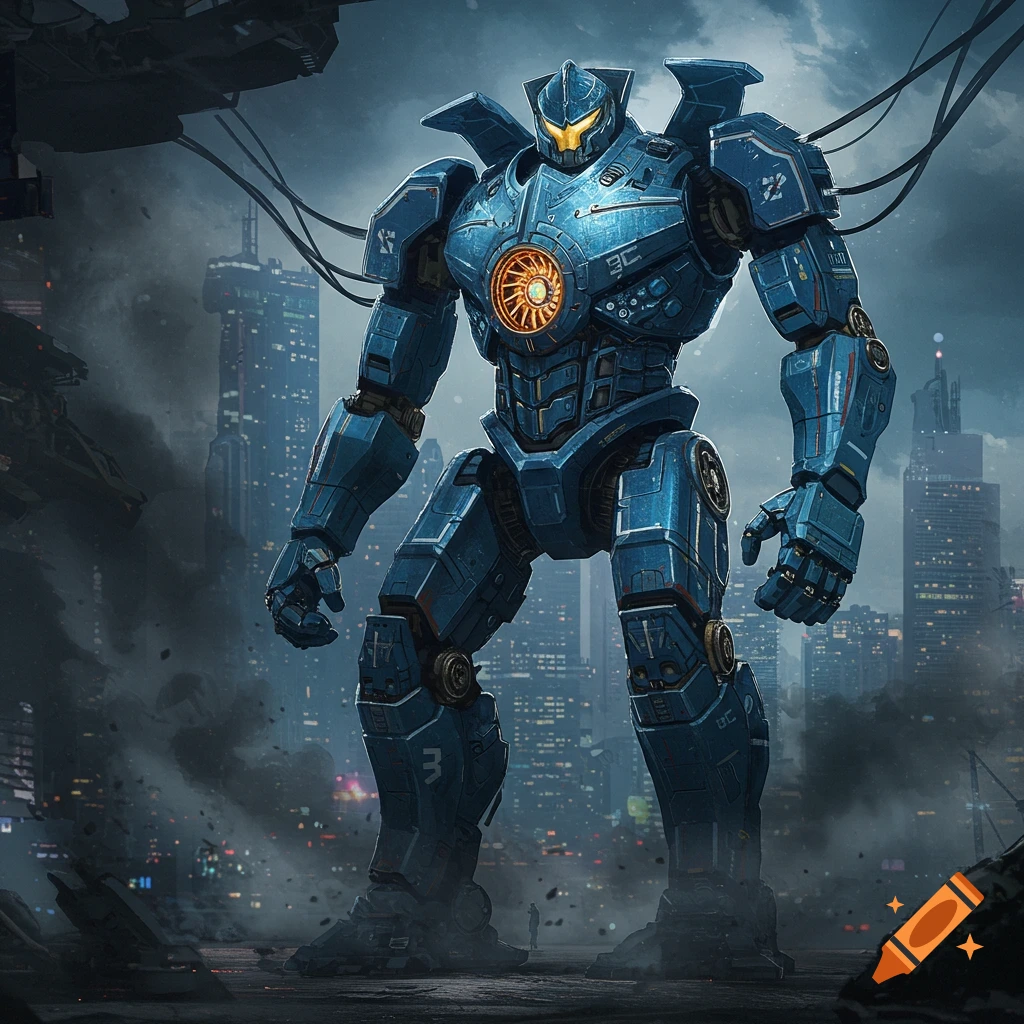 A towering blue mecha with an orange glowing chest stands in a dark, futuristic city.