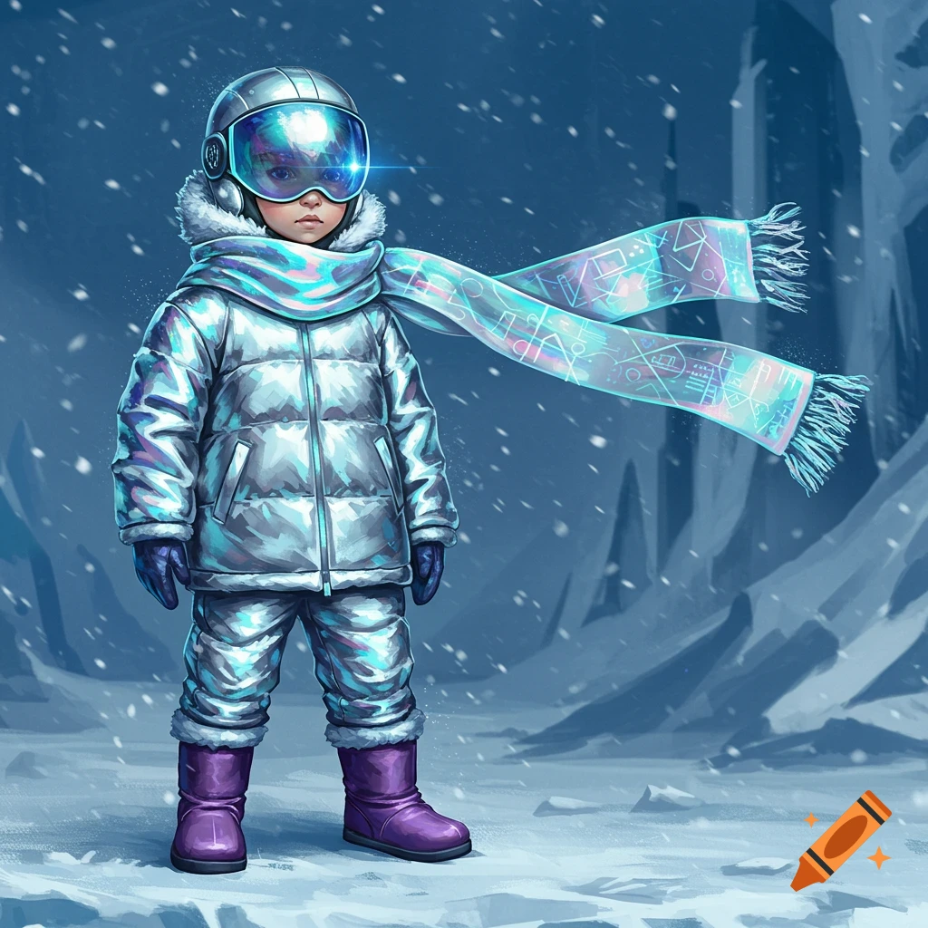 A child in a shiny futuristic winter suit, helmet with goggles, and an iridescent scarf stands in a snowy, icy landscape, digital art.