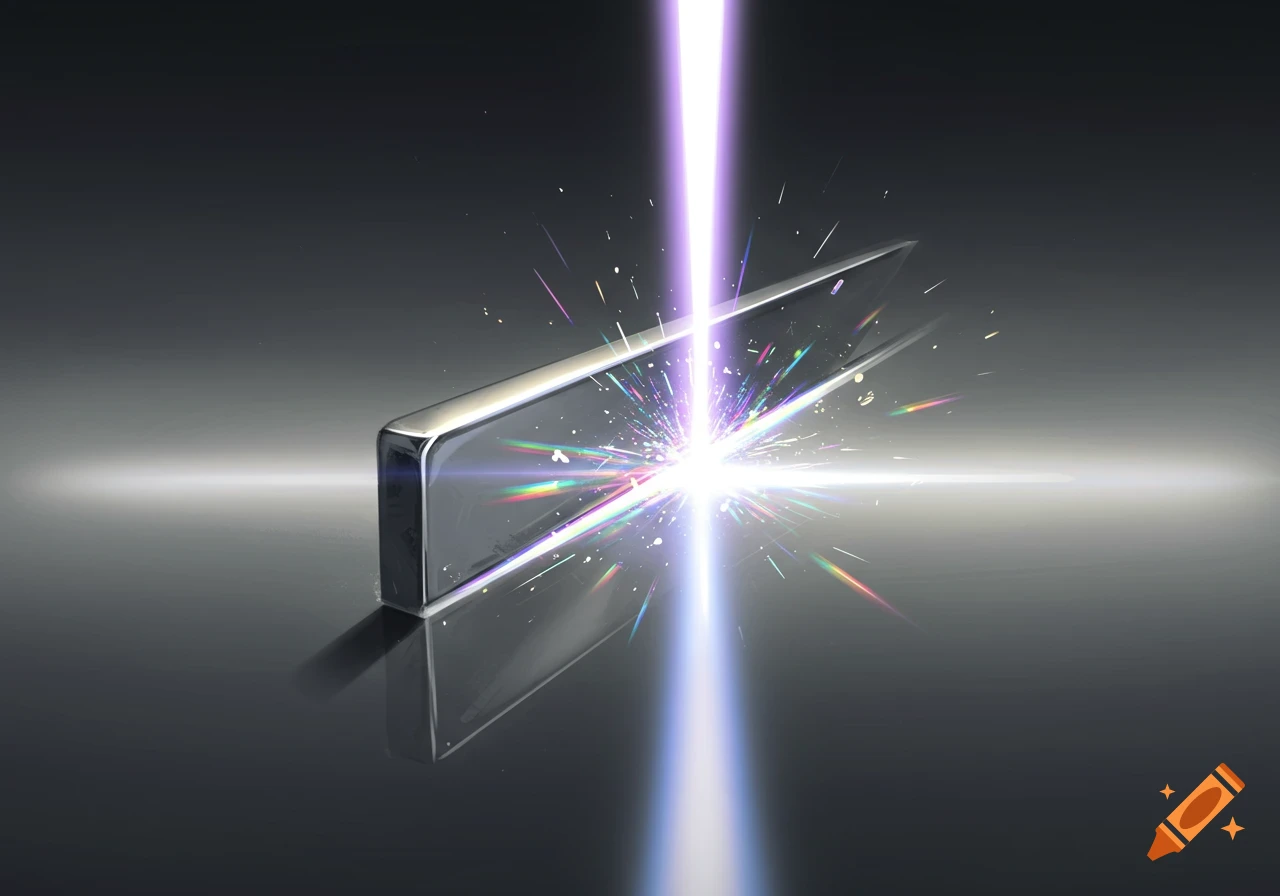 A bright purple laser beam cuts into a metallic wedge on a reflective dark surface, emitting colorful sparks and light flares.