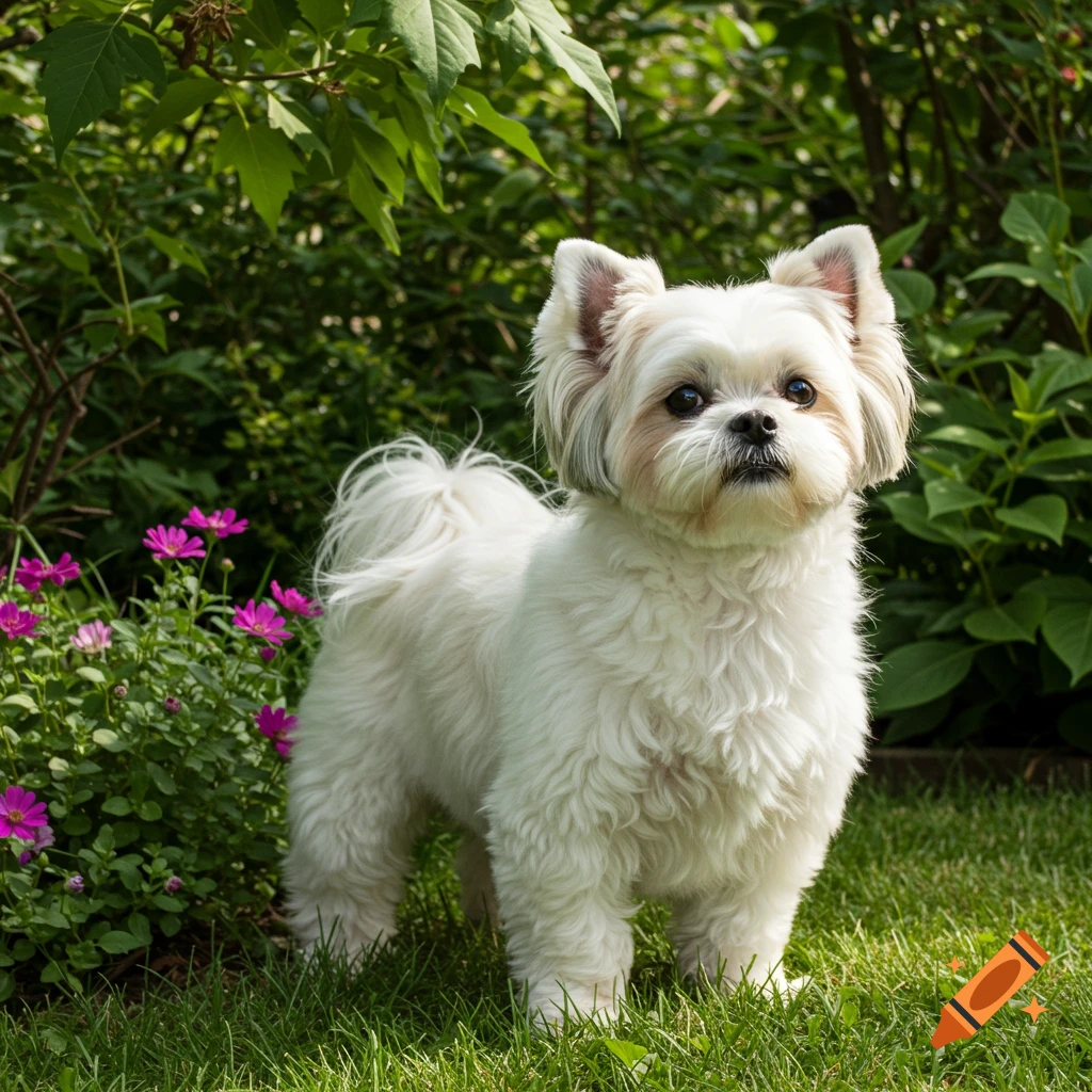 A small, white Shih Tzu-like dog with tan-tipped ears stands in a lush green garden with purple flowers.