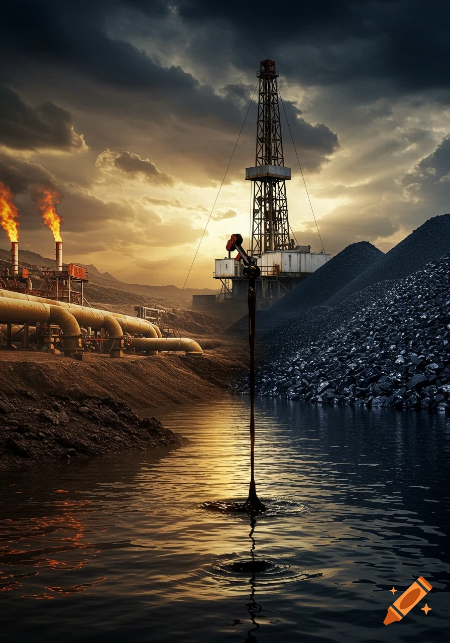 A dark, dramatic industrial landscape with an oil rig, pipelines, burning flares, and coal piles under a stormy sky, with oil spilling into water.