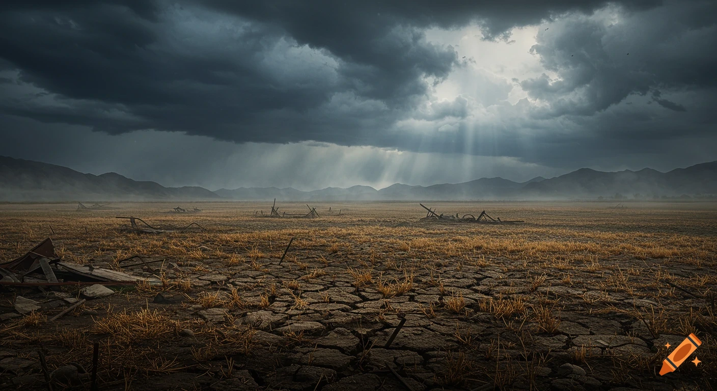 A desolate, cracked earth field with dry grass under a dramatic stormy sky with sun rays and distant mountains.
