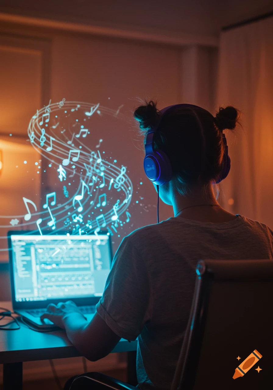 Woman from behind with purple headphones and space buns, using a laptop with glowing blue musical notes swirling around her.