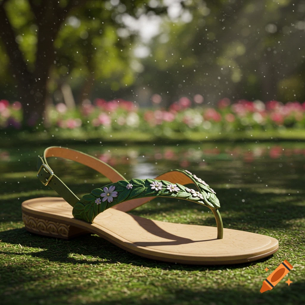 A photorealistic green and tan sandal with leafy and floral straps sits in a grassy garden with blurred flowers and water reflections, under dappled sunlight.