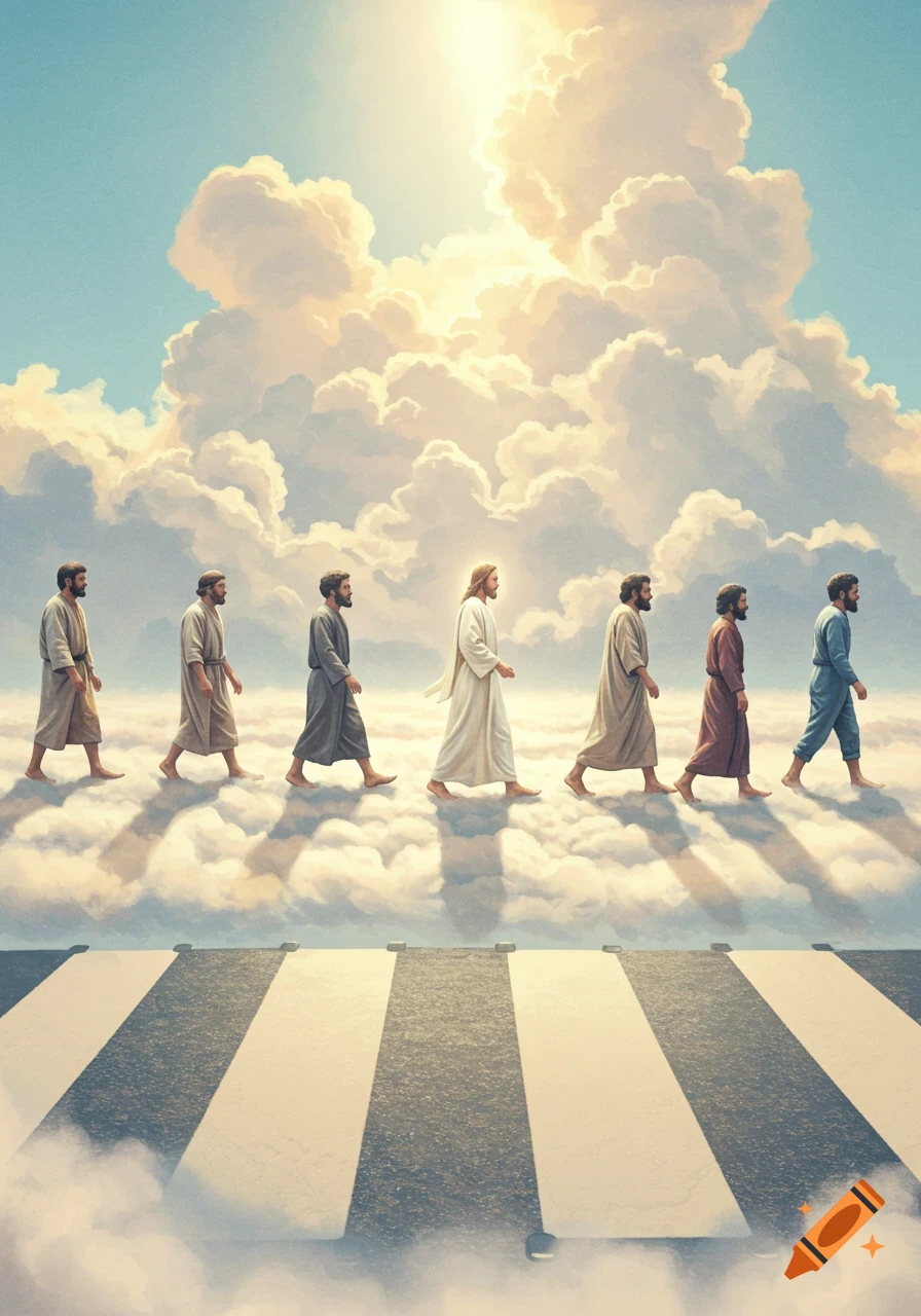 Jesus and six disciples walk in a line on sunlit clouds above a crosswalk, against a blue sky.