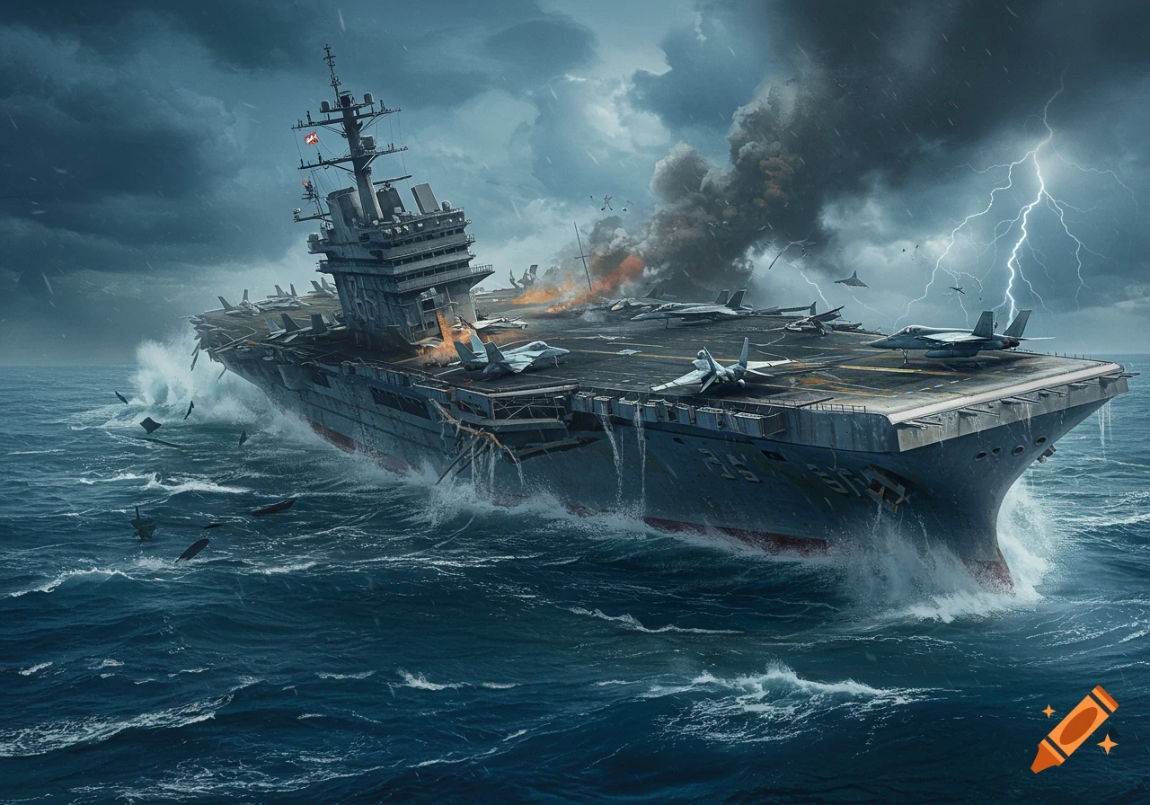 A damaged aircraft carrier, listing and on fire, with fighter jets on its deck, in a stormy sea with lightning.