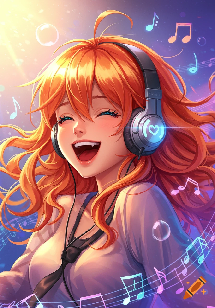 A happy anime girl with long orange hair and headphones smiles brightly amidst floating musical notes and bubbles.