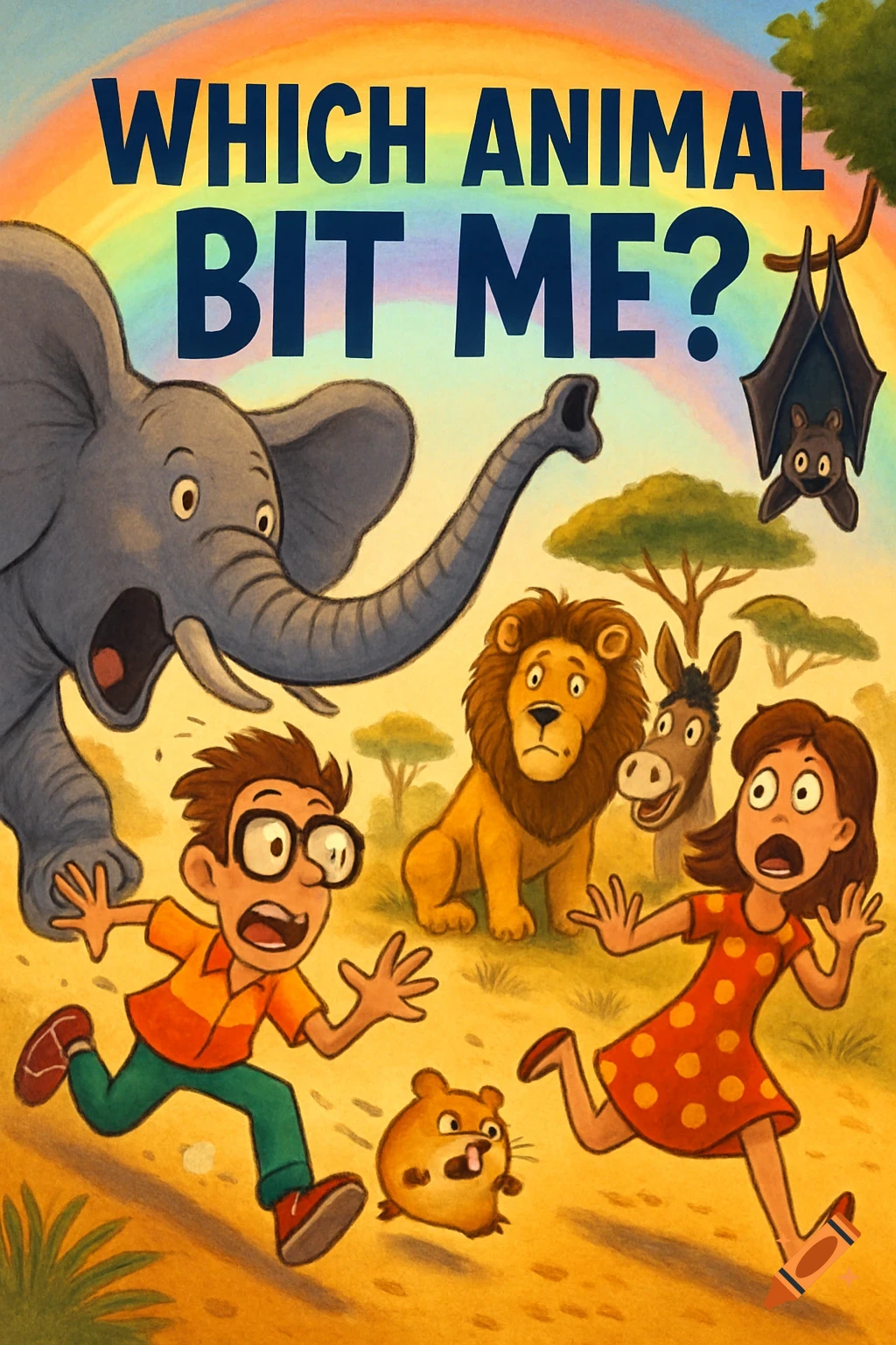 Cartoon kids' book cover 'WHICH ANIMAL BIT ME?' with a boy and girl running from an elephant, hamster, lion, donkey, and bat under a rainbow.